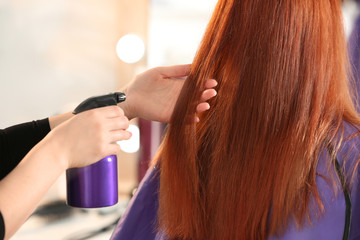 Professional hairdresser working with client in salon