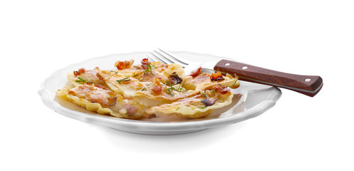 Plate with tasty dumplings on white background