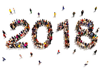 Bringing in the new year. Large group of people forming the shape of 2018 celebrating a new year concept on a white background. 3d rendering