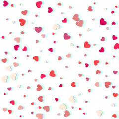 Heart confetti of Valentines petals falling on white background. Glitch and Color Channels Effects.  Flower petal in shape of heart confetti for Women's Day