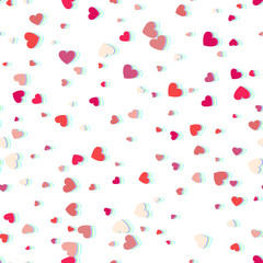 Heart confetti of Valentines petals falling on white background. Glitch and Color Channels Effects.  Flower petal in shape of heart confetti for Women's Day
