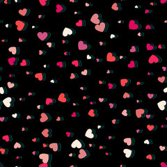 Heart confetti of Valentines petals falling on black background. Glitch and Color Channels Effects.  Flower petal in shape of heart confetti for Women's Day
