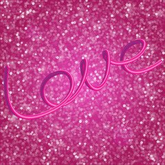 Obraz premium Glitter vintage lights background. Elegant 3d inscription Love, executed by the movement of the heart. Light silver, and pink. defocused.