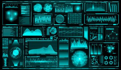Futuristic user interface set. HUD. Future infographic elements. Technology and science theme. Analysis system. Scanning graphs and waves. Vector illustration