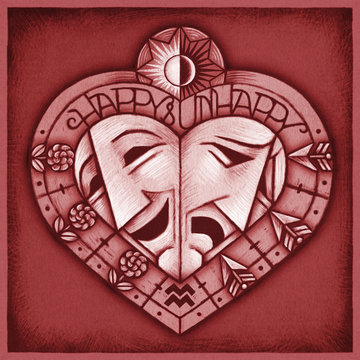 Two faces in heart shape of valentines day against red background