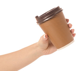 Cardboard glass cup of coffee in hand