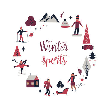Winter sport scene with different characters, elements