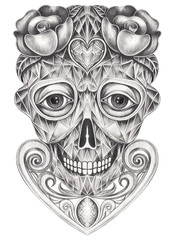 Art  Diamond style mix Surreal Skull. Hand pencil drawing on paper.