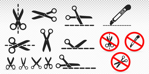 Set of cut line with scissors and stationery knife. Black icon, sign prohibiting cutting packaging and parcels by knife and scissors. Vector illustration. Isolated on transparent background - obrazy, fototapety, plakaty