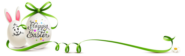 easter egg with lettering and egg bunny decorated with green bow  - Happy Easter 