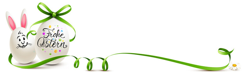 Bemaltes Osterei und Osterhasen Ei mit Kalligraphie und geschwungener Schleife - Frohe Ostern Banner