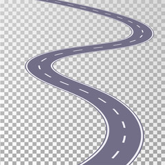 Curved road asphalt with white markings on a transparent background. Vector illustration