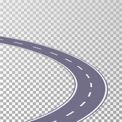 Curved road asphalt with white markings on a transparent background. Vector illustration