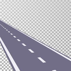 Curved road asphalt with white markings on a transparent background. Vector illustration