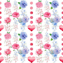 watercolor Valentines Day pattern with flowers and hearts