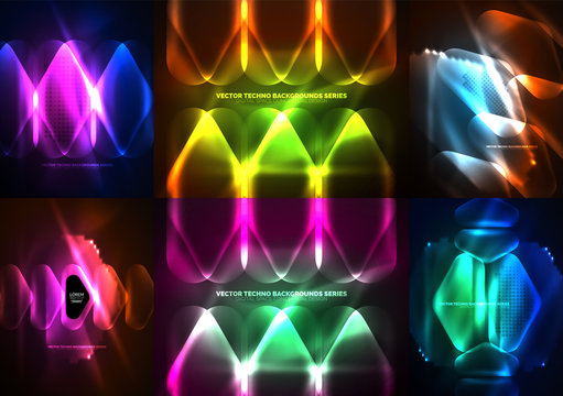Set of neon glowing geometric shapes, digital abstract backgrounds