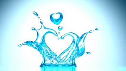 Valentine's day clear water drop heart shape on blue to white gradient background,3D render.