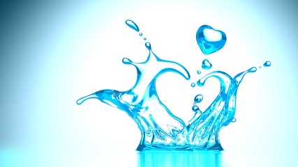 Valentine's day clear water drop heart shape on blue to white gradient background,3D render.