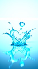 Valentine's day clear water drop heart shape on blue to white gradient background,3D render.