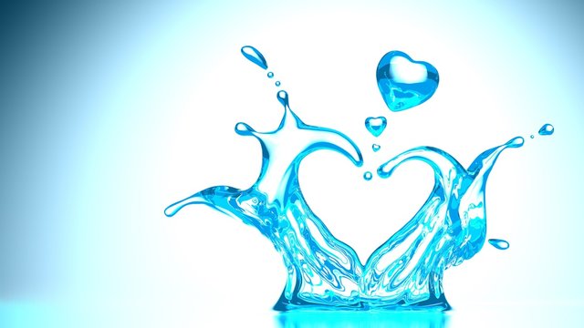 Valentine's day clear water drop heart shape on blue to white gradient background,3D render.