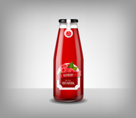 Realistic glass bottle of raspberry juice, drink isolated.