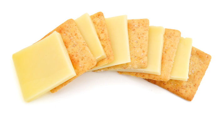 Delicious Crackers With Cheese On White Background