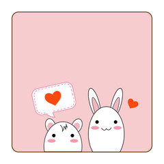 Small cute peeking animal character, white rat and rabbit with mini hearts on sweet pink color background for card or copy space love, wedding and Valentine concept, vector and illustration