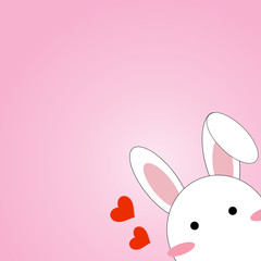 Cute white tiny rabbit peeking and shy on pink pastel color background with red hearts for Valentine and spring concept vector and illustration
