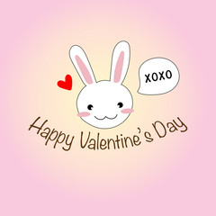Cute hand drawing cartoon rabbit or bunny saying xoxo with mini red heart and Happy Valentine's day text on pastel pink color background vector and illustration 