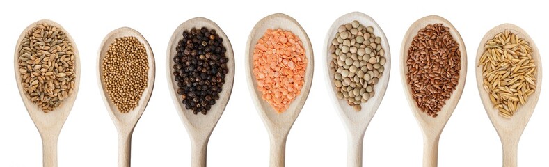 Various grain products, spices and lentils on wooden spoons isolated on white.