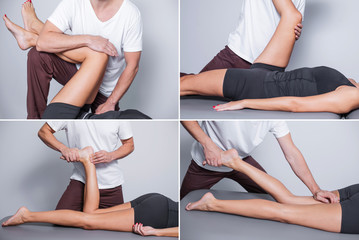 Set of four professional leg and body massage in studio backgrounds.