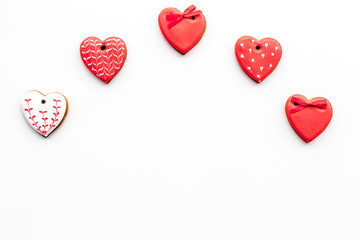 Heart shaped cookies for Valentine's Day on white background top view copy space