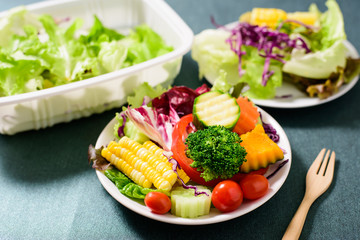 Mixed vegetables salad on white dish ready for eating, healthy food