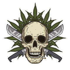 Human skull with two crossed machetes and marijuana leaf in hand drawn style. Rastaman skull with cannabis leafs.