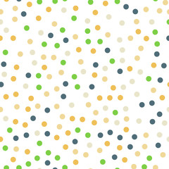 Colorful polka dots seamless pattern on white 13 background. Fantastic classic colorful polka dots textile pattern. Seamless scattered confetti fall chaotic decor. Abstract vector illustration.