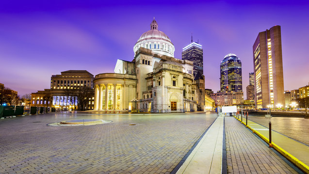 Cityscape of Boston. One of Boston's most popular tourist attraction, neoclassical style building, historic landmark in Boston's Back Bay.
