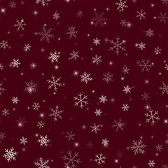 Transparent snowflakes seamless pattern on wine red Christmas background. Chaotic scattered transparent snowflakes. Awesome Christmas creative pattern. Vector illustration.