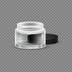 Fragrant face cream, in transparent glass jar, with plastic lid.