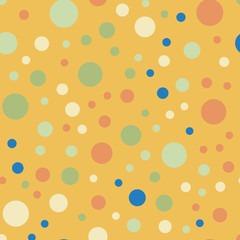 Colorful polka dots seamless pattern on bright 6 background. Classy classic colorful polka dots textile pattern. Seamless scattered confetti fall chaotic decor. Abstract vector illustration.