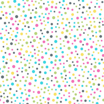 Colorful polka dots seamless pattern on white 10 background. Brilliant classic colorful polka dots textile pattern. Seamless scattered confetti fall chaotic decor. Abstract vector illustration.