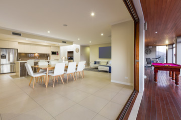 Kitchen, living room and outdoor entertainment area