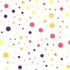 Colorful polka dots seamless pattern on black 25 background. Lovely classic colorful polka dots textile pattern. Seamless scattered confetti fall chaotic decor. Abstract vector illustration.
