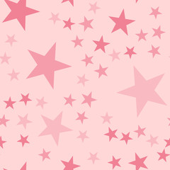 Pink stars seamless pattern on light pink background. Interesting endless random scattered pink stars festive pattern. Modern creative chaotic decor. Vector abstract illustration.