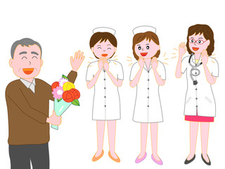 高齢者が退院するのを見送る看護師と医者