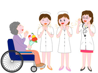 高齢者の患者が退院するのを見送る看護師と医者