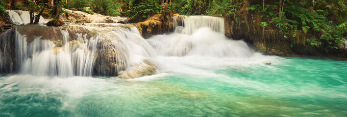 Tat Kuang Si Waterfalls. Beautiful panorama landscape. Laos.