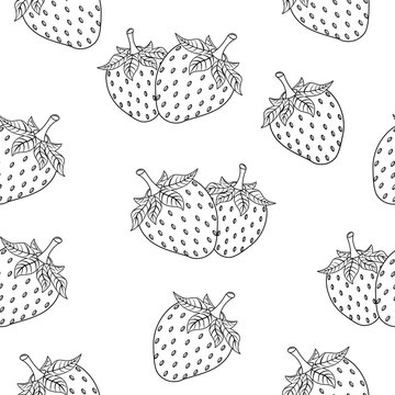 Strawberry black outline seamless pattern. Organic fresh health dessert. Vector illustration isolated on white background.