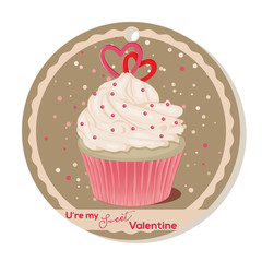 Cupcake with vanilla cream and sugar hearts for Valentines day. Greeting card, tag or sticker for Sweet Valentine. Vector illustration. Holiday Collection.