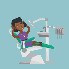 Frightened african-american patient sitting in the dental chair in the office of a dentist. Scared woman visiting a dentist in the dental clinic. Vector cartoon illustration. Square layout.