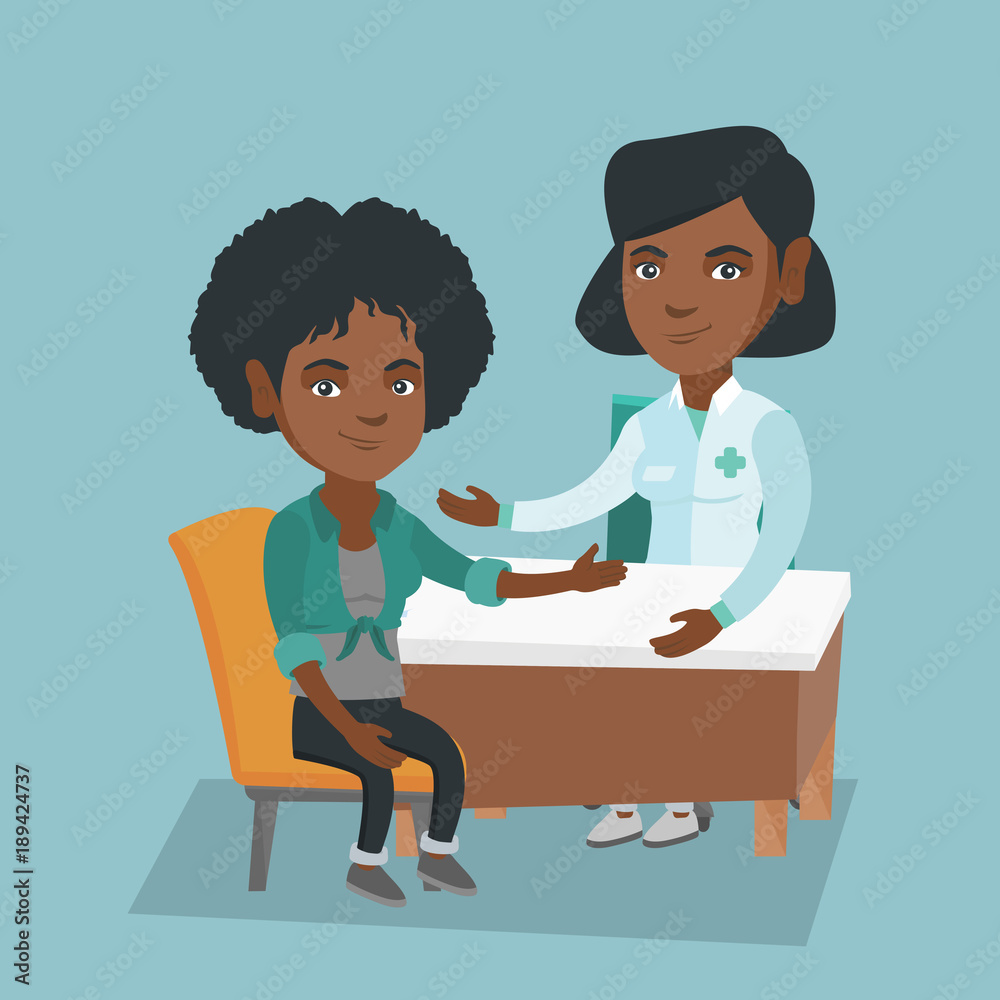 Sticker African-american therapist doctor consulting a patient in the office. Therapist doctor talking to a young female patient about her state of health. Vector cartoon illustration. Square layout.